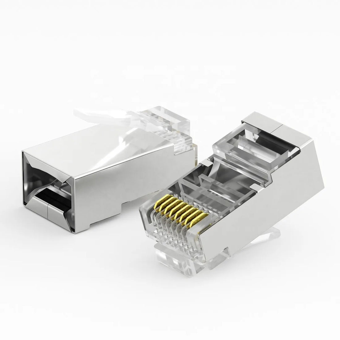 Shielded RJ45 modular plug shown closed and open, with gold-plated contacts and metal housing