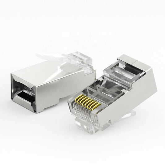 Shielded RJ45 modular plug shown closed and open, with gold-plated contacts and metal housing